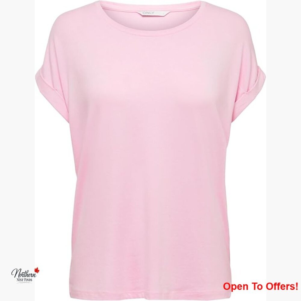 Viscose Blend O-Neck Top with Fold-up Cuffs